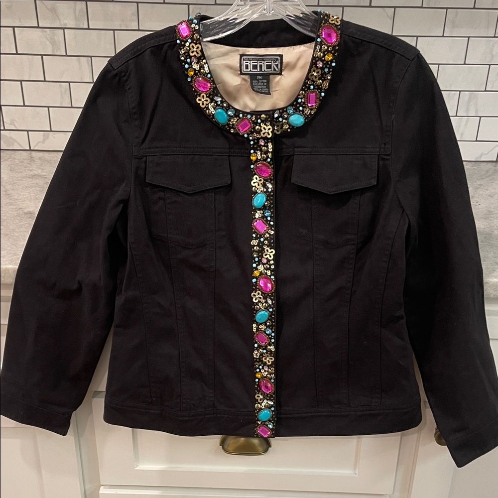 Berek Jacket Womens Medium Petite Black Jewel Embellishments‎ Denim Rhinestone